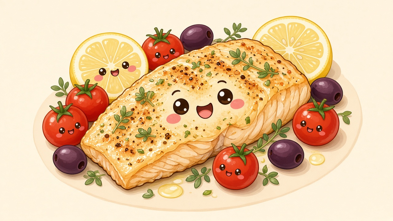 Baked barramundi with tomatoes and lemon — cartoon recipe illustration