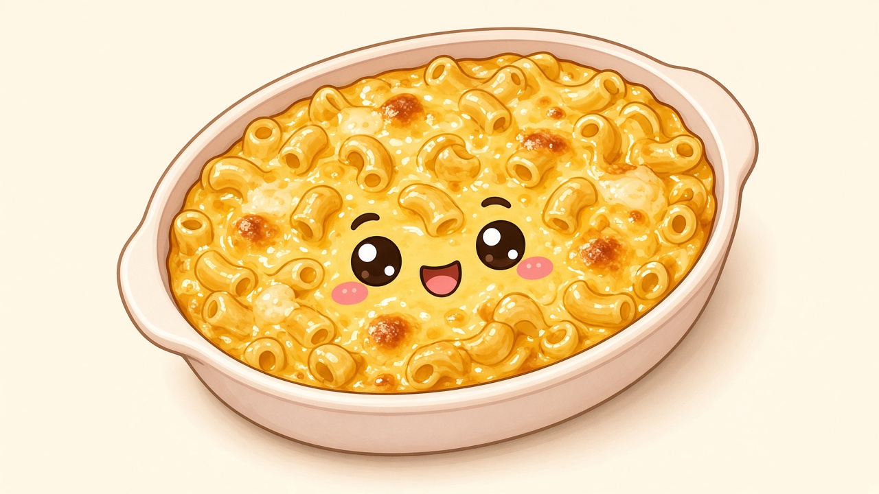 Baked mac and cheese — cartoon recipe illustration
