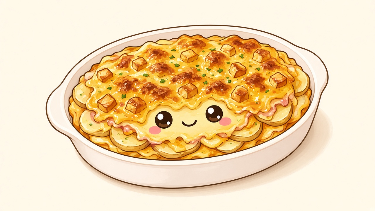 Cheesy potato bake — cartoon recipe illustration