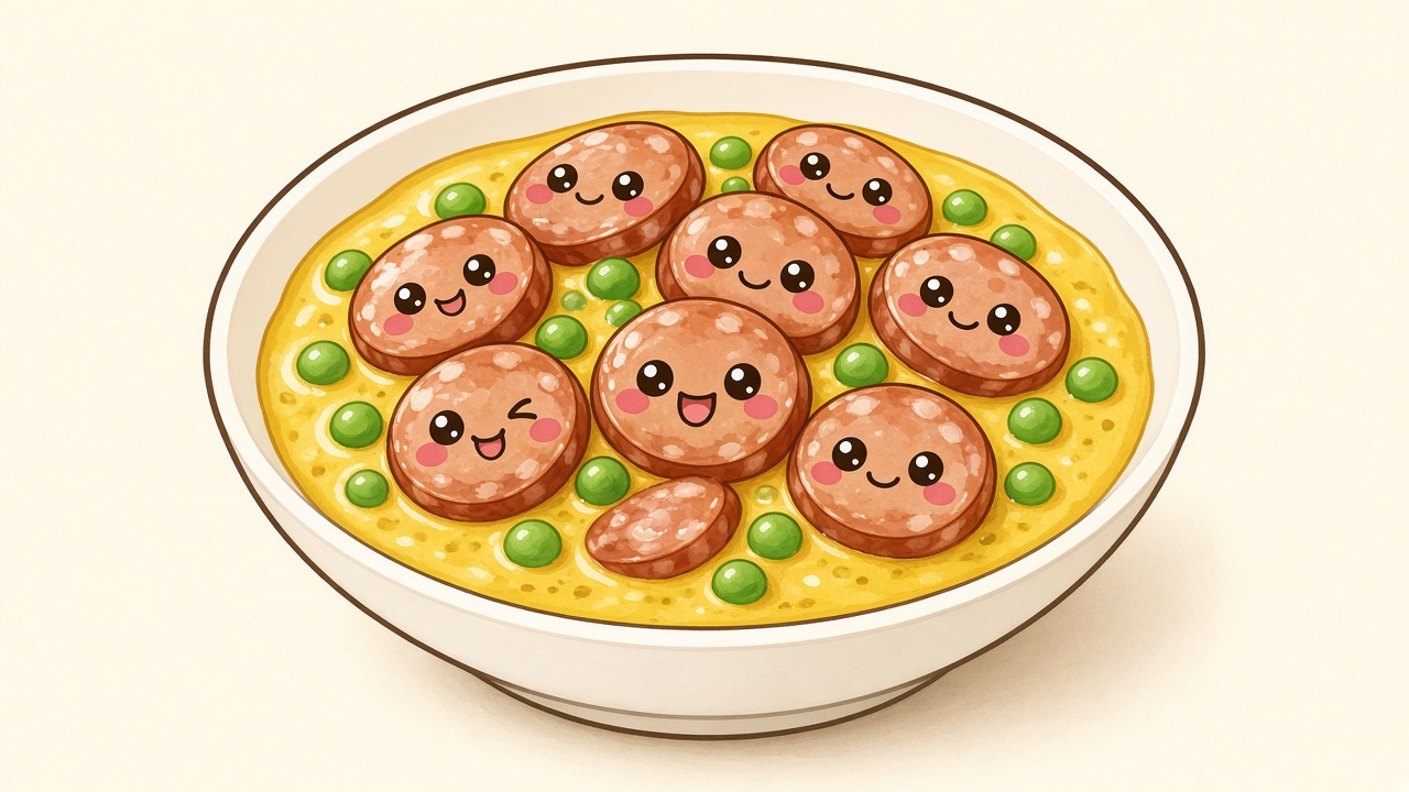 Curried sausages — cartoon recipe illustration