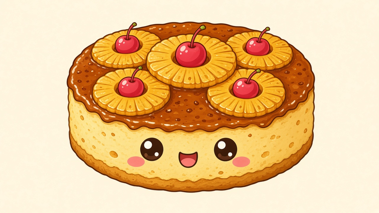 Pineapple upside-down cake — cartoon recipe illustration