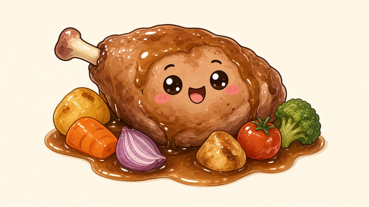 Roast lamb leg with gravy — cartoon recipe illustration